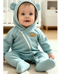 Комбинезон с капюшоном и ушками для новорожденного из футера, Расцветка одежды: Мятный, Выбрать размер: 56