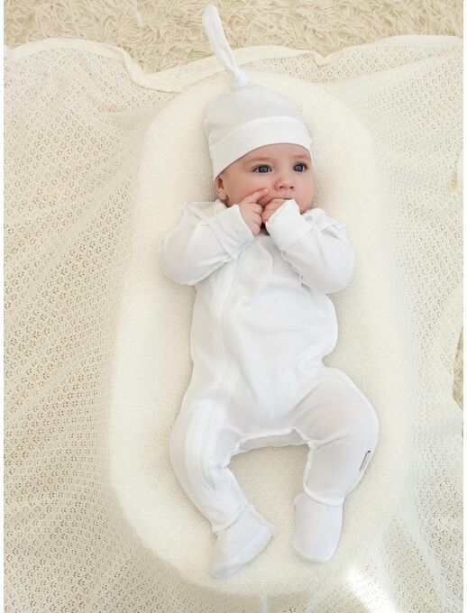 Нательный комбинезон слип с закрытыми ручками для новорожденного на молнии Bebo, Белый