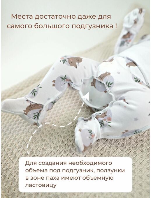 Штанишки ползунки Bebo с закрытыми ножками и с широкой резинкой, Ежики с цветами