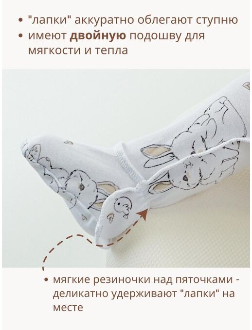 Штанишки ползунки Bebo с закрытыми ножками и с широкой резинкой, Зайчики и птички