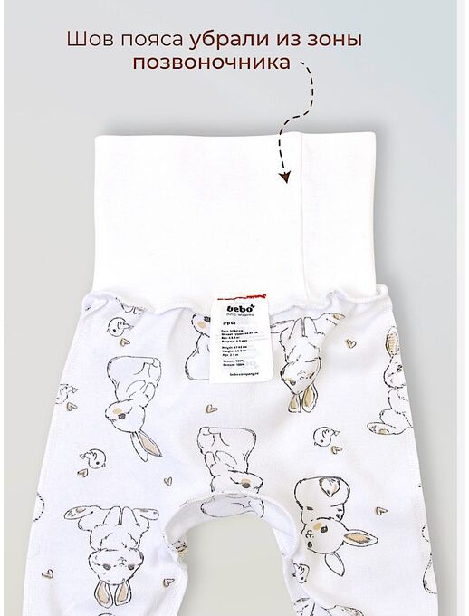 Штанишки ползунки Bebo с закрытыми ножками и с широкой резинкой, Зайчики и птички