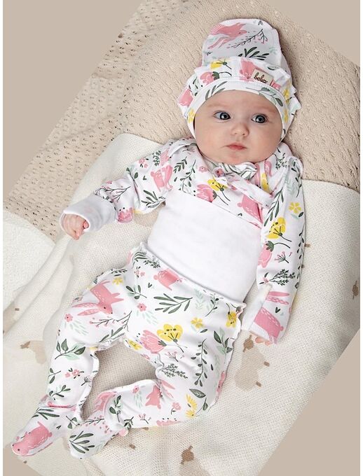 Штанишки ползунки Bebo с закрытыми ножками и с широкой резинкой, Зайчики в цветах