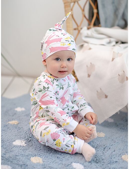 Детская шапочка для новорожденного Bebo с узелком, Зайчики в цветах