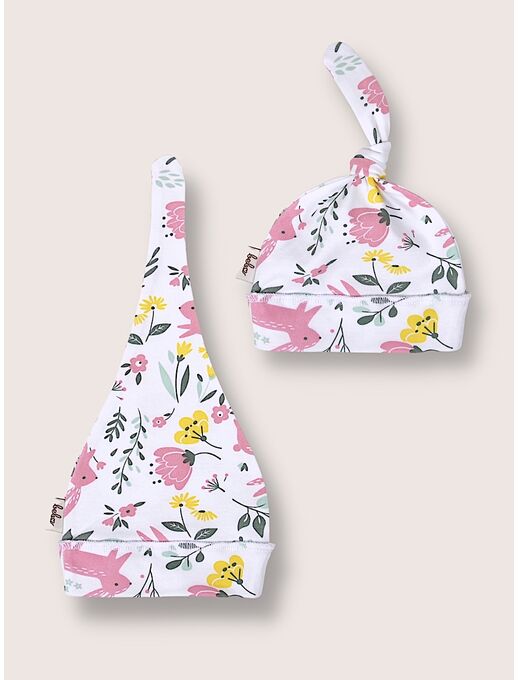 Детская шапочка для новорожденного Bebo с узелком, Зайчики в цветах