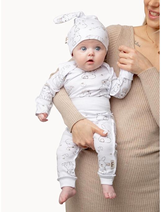 Детские штанишки-ползунки Bebo с широкой резинкой и манжетами, Зайчики и птички