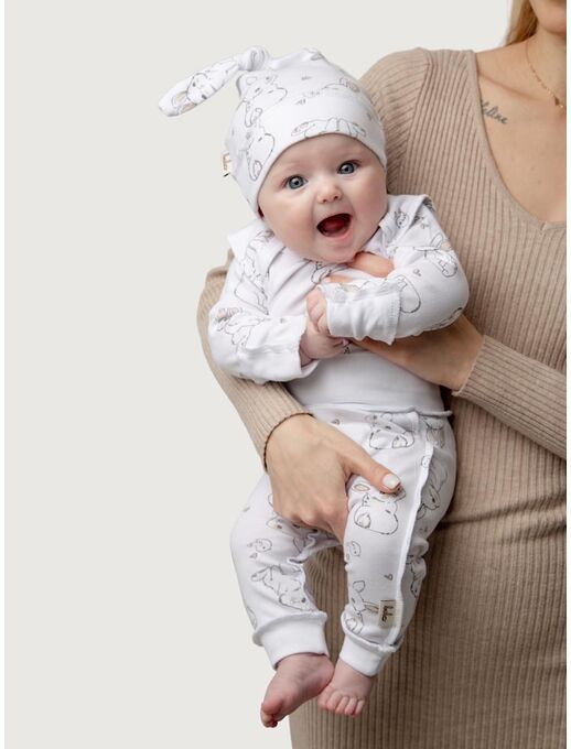 Детские штанишки-ползунки Bebo с широкой резинкой и манжетами, Зайчики и птички