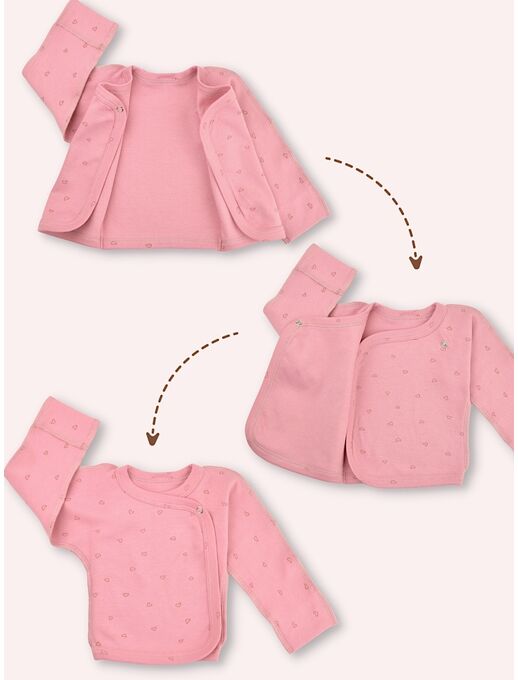 Удлиненная распашонка-кимоно для новорожденных, Сердечки на розовом
