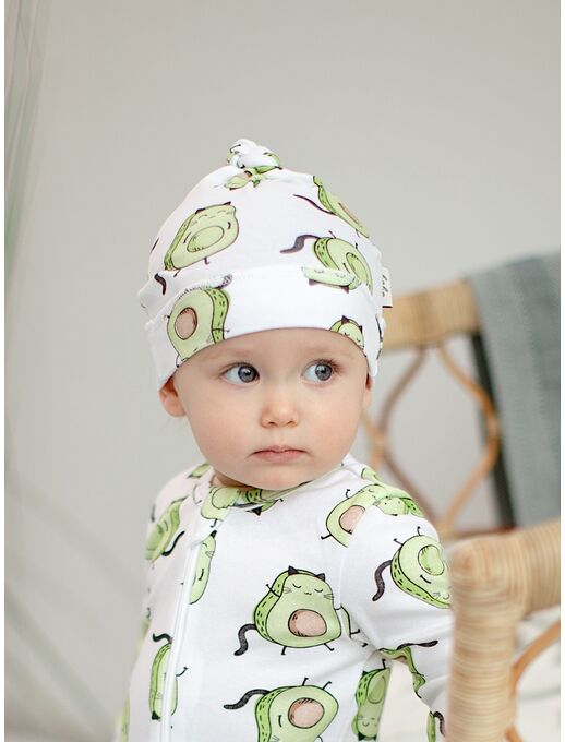 Шапочка для новорожденных с узелком Bebo, Авокадо-котики, Расцветка одежды: Авокадо-котики, Выбрать размер: 40-44, изображение 4