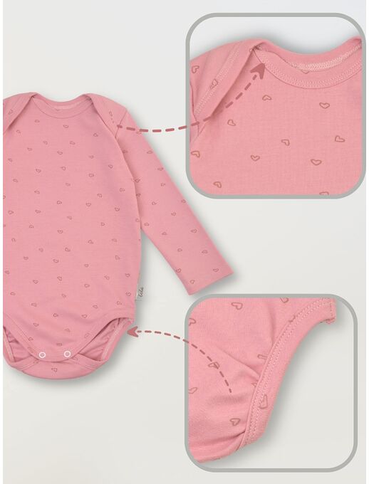 Боди для новорожденного Bebo с длинным рукавом, Сердечки на розовом