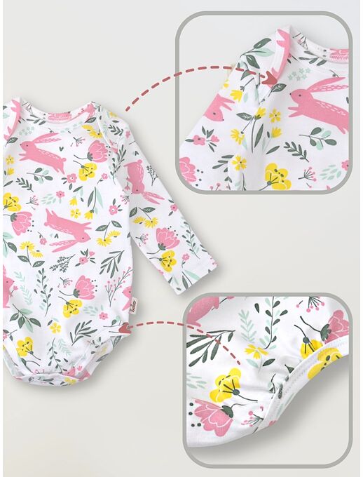 Боди с длинным рукавом для новорожденного Bebo, Зайчики в цветах