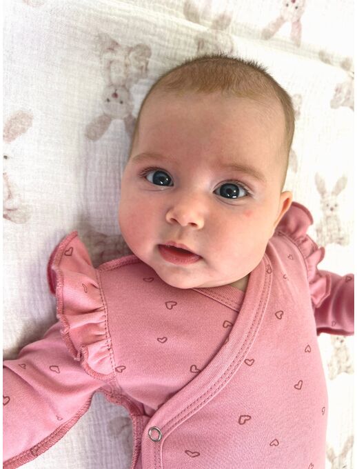Боди кимоно для новорожденных с длинным рукавом и рюшами, Сердечки на розовом
