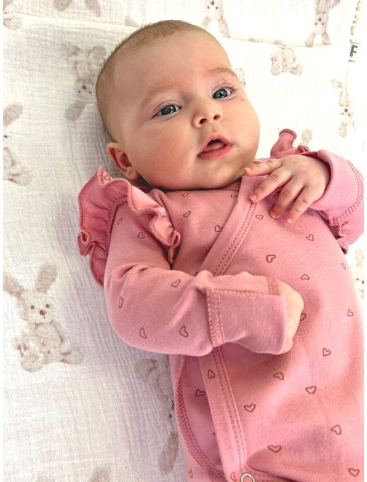 Боди кимоно для новорожденных с длинным рукавом и рюшами, Сердечки на розовом