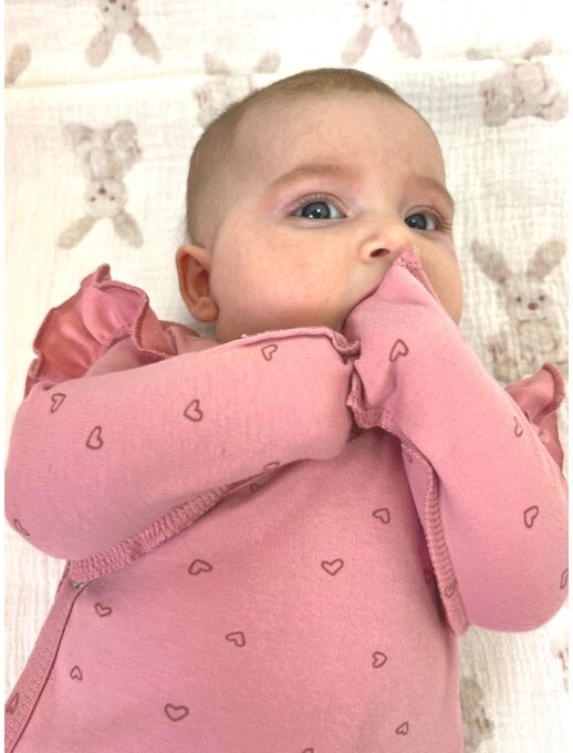 Боди кимоно для новорожденных с длинным рукавом и рюшами, Сердечки на розовом