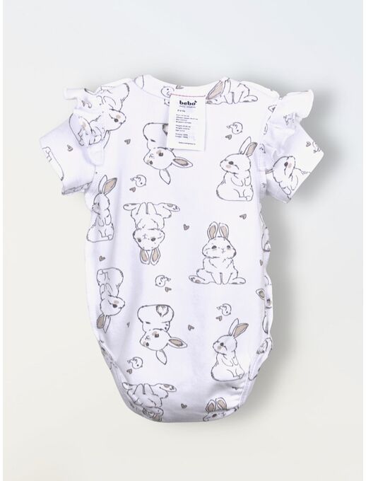 Боди кимоно для новорожденных с коротким рукавом и рюшами Зайчики и птички