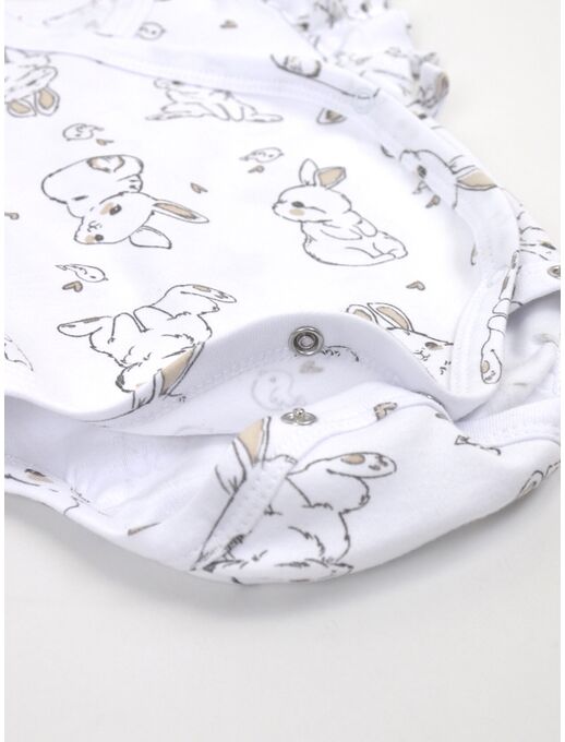 Боди кимоно для новорожденных с коротким рукавом и рюшами Зайчики и птички