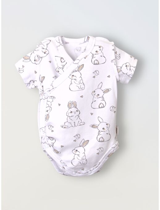 Боди кимоно для новорожденных короткий рукав Зайчики и Птички