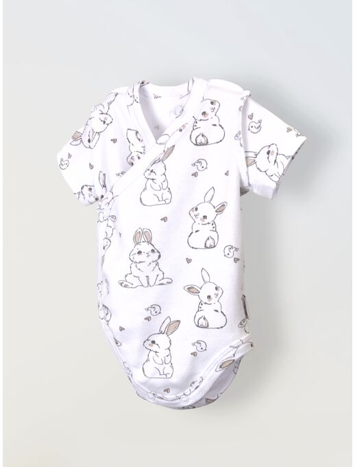 Боди кимоно для новорожденных короткий рукав Зайчики и Птички