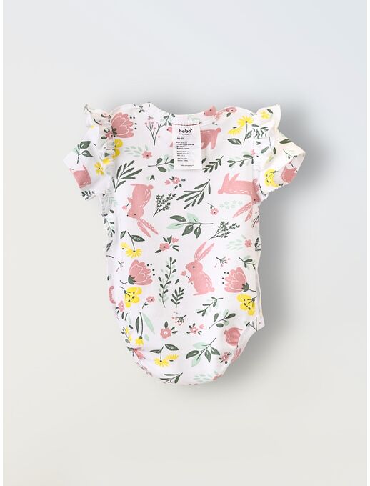 Боди кимоно для новорожденных с коротким рукавом и рюшами Зайчики в цветах