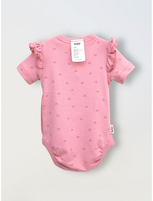 Боди кимоно для новорожденных с коротким рукавом и рюшами Сердечки на розовом