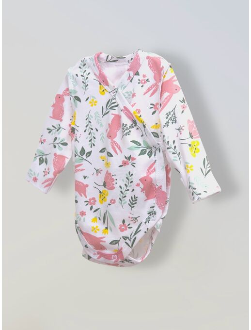 Боди кимоно для новорожденных с длинным рукавом, Зайчики в цветах