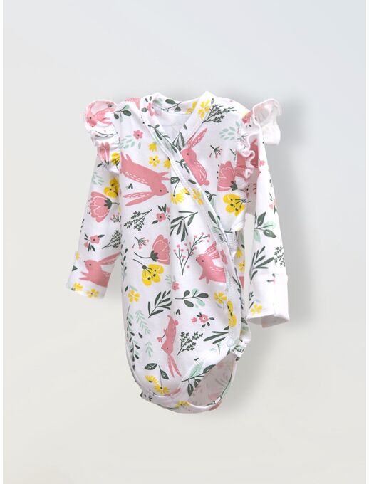 Боди кимоно для новорожденных с длинным рукавом и рюшами, Зайчики в цветах