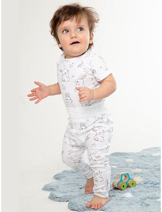 Детские штанишки-ползунки для малышей Bebo с широкой резинкой и манжетами, Зайчики и птички