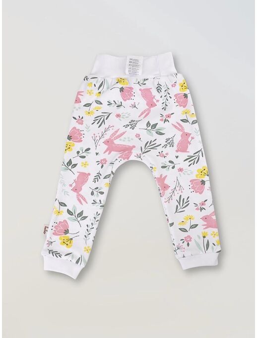 Детские штанишки-ползунки для малышей Bebo с широкой резинкой и манжетами, Зайчики в цветах