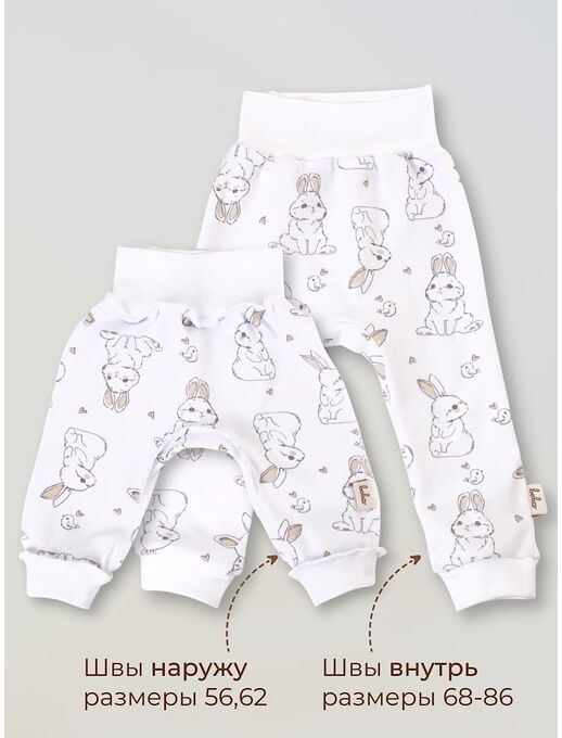 Детские штанишки-ползунки для малышей Bebo с широкой резинкой и манжетами, Зайчики и птички
