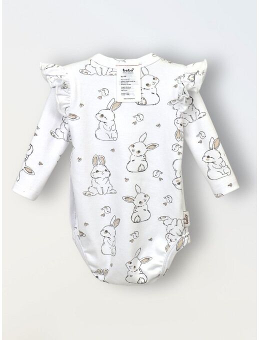 Боди кимоно для новорожденных с длинным рукавом и рюшами, Зайчики и птички
