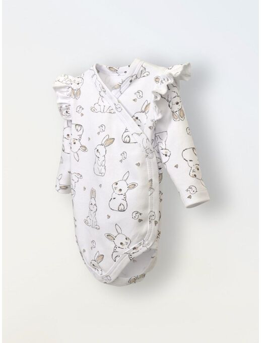 Боди кимоно для новорожденных с длинным рукавом и рюшами, Зайчики и птички