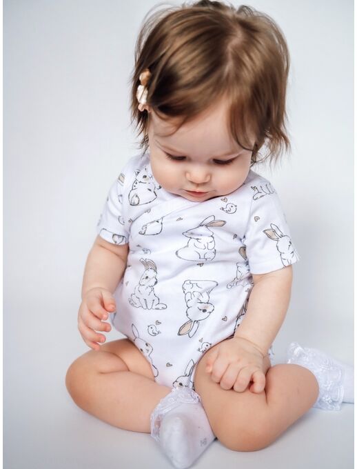 Боди кимоно для новорожденных короткий рукав Зайчики и Птички р-ры 56-68, Расцветка одежды: Зайчики и птички, Выбрать размер: 62, изображение 2
