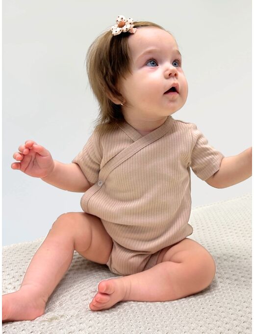 Боди кимоно (на запах) в рубчик с коротким рукавом для новорожденных девочек и мальчиков Кофе
