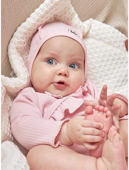 Классический чепчик / шапочка для новорожденного Bebo "в рубчик" или "из лапши" Чайная роза