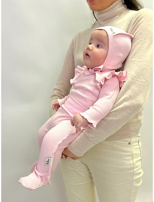 Классический чепчик / шапочка для новорожденного Bebo "в рубчик" или "из лапши" Чайная роза