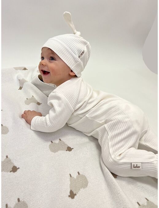 Нательный хлопковый комбинезон слип на молнии с закрытыми ножками и антицарапками в рубчик Bebo