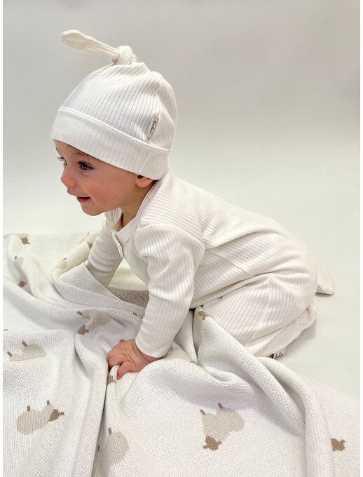 Нательный хлопковый комбинезон слип на молнии с закрытыми ножками и антицарапками в рубчик Bebo