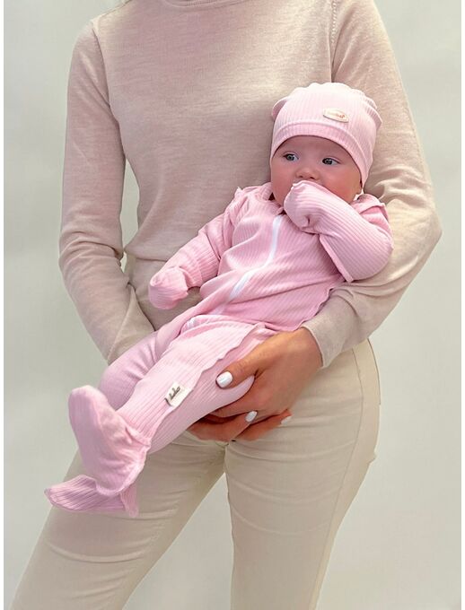 Нательный хлопковый комбинезон слип на молнии с закрытыми ножками и антицарапками в рубчик Bebo