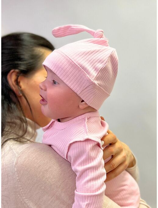 Шапочка с узелком Bebo из хлопка  для новорожденных мальчиков и девочек, для прогулок и на выписку в роддом, цвет Чайная роза