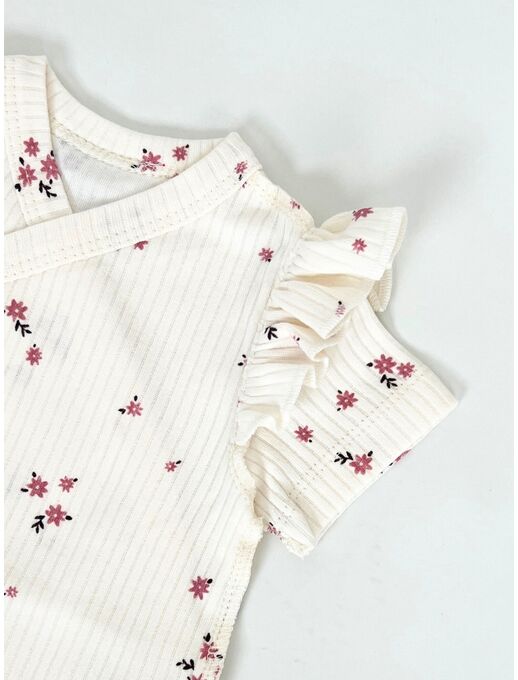 Нарядное боди-кимоно (на запах) с коротким рукавом и рюшами, букетики