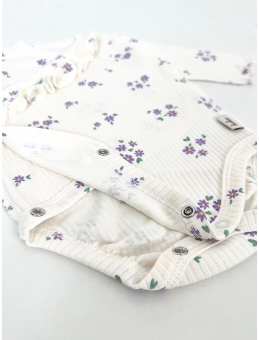 Нарядное боди-кимоно (на запах) с длинным рукавом и крылышками, незабудки