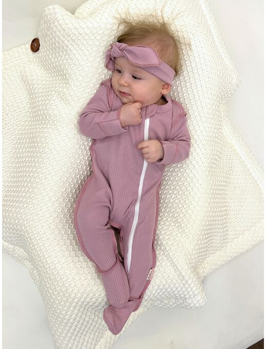 Нательный хлопковый комбинезон слип на молнии с закрытыми ножками и антицарапками в рубчик Bebo