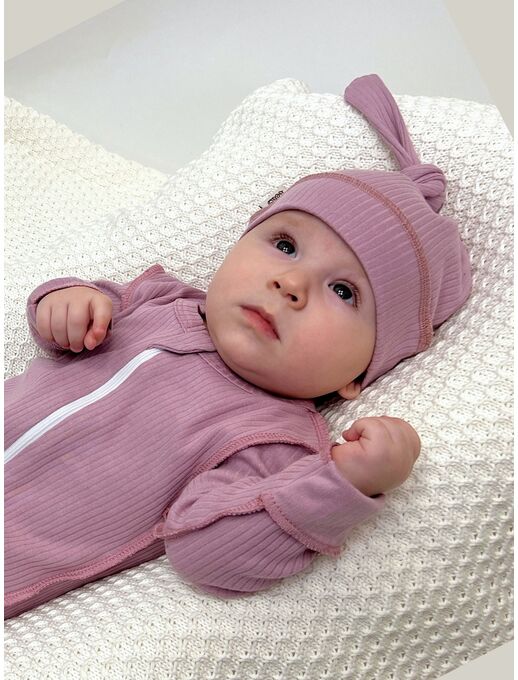 Нательный хлопковый комбинезон слип на молнии с закрытыми ножками и антицарапками в рубчик Bebo