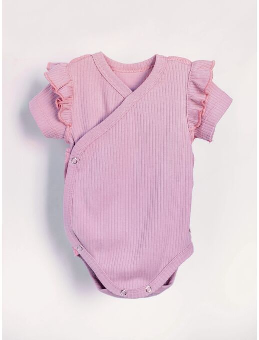 Нарядное боди-кимоно (на запах) с коротким рукавом и рюшами, лиловый