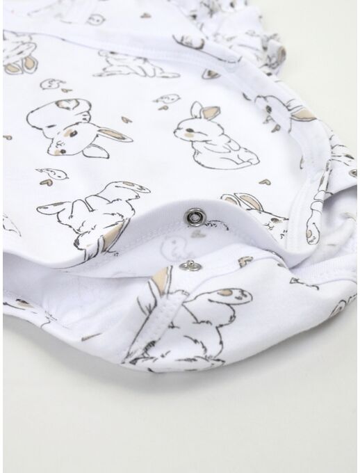 Нарядное боди кимоно (на запах) с длинным рукавом и рюшей по груди, зайчики и птички