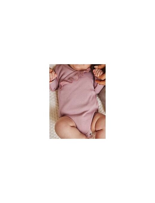 Нарядное боди кимоно (на запах) с длинным рукавом и рюшей по груди, лиловый