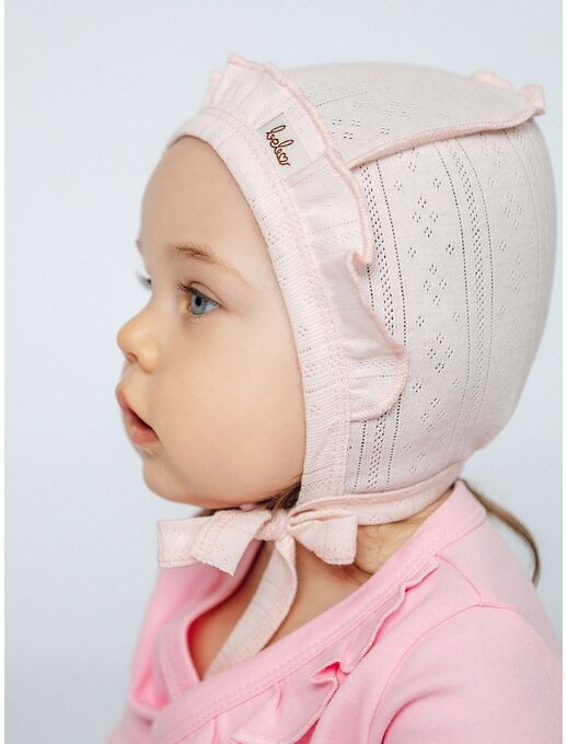 Розовый трикотажный  ажурный чепчик с с рюшей для новорожденных девочек Bebo