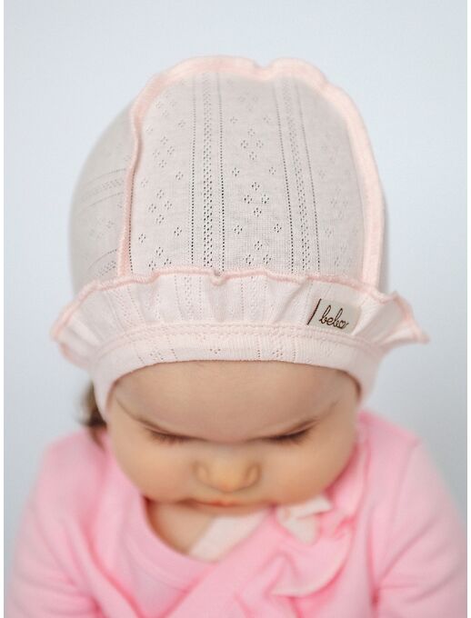 Розовый трикотажный  ажурный чепчик с с рюшей для новорожденных девочек Bebo