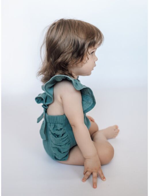 Муслиновый ромпер Bebo с для девочки на бретелях с крылышками, морская волна