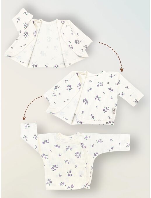 Удлиненная распашонка с глубоким запахом и антицарапками, незабудки