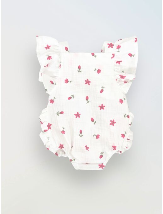 Муслиновый ромпер Bebo с для девочки на бретелях с крылышками, Цветочки на белом